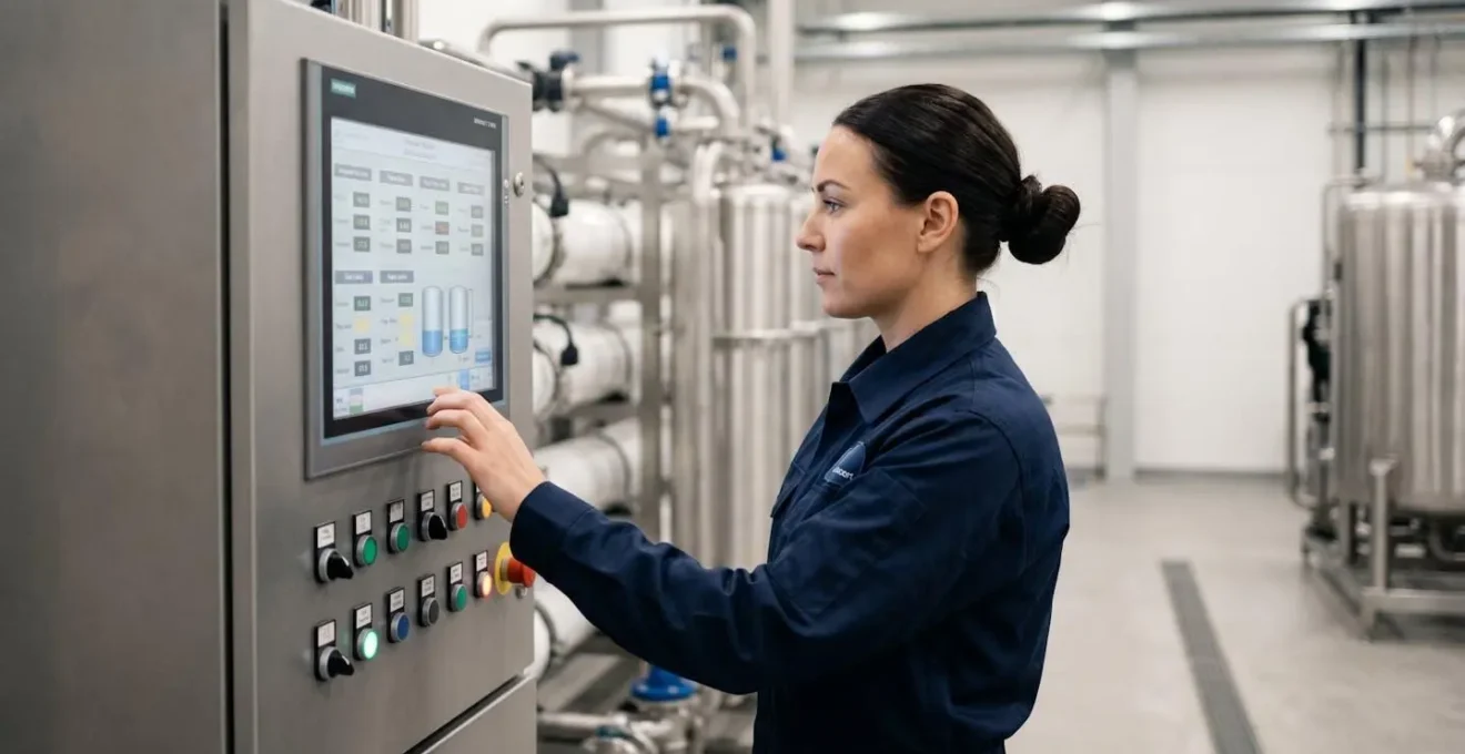 Opérateur vérifiant un panneau de contrôle d'un système de filtration industrielle