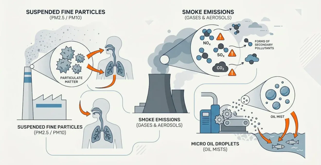 Différents types de polluants industriels : poussières métalliques, fumées de soudage, brouillards d'huile