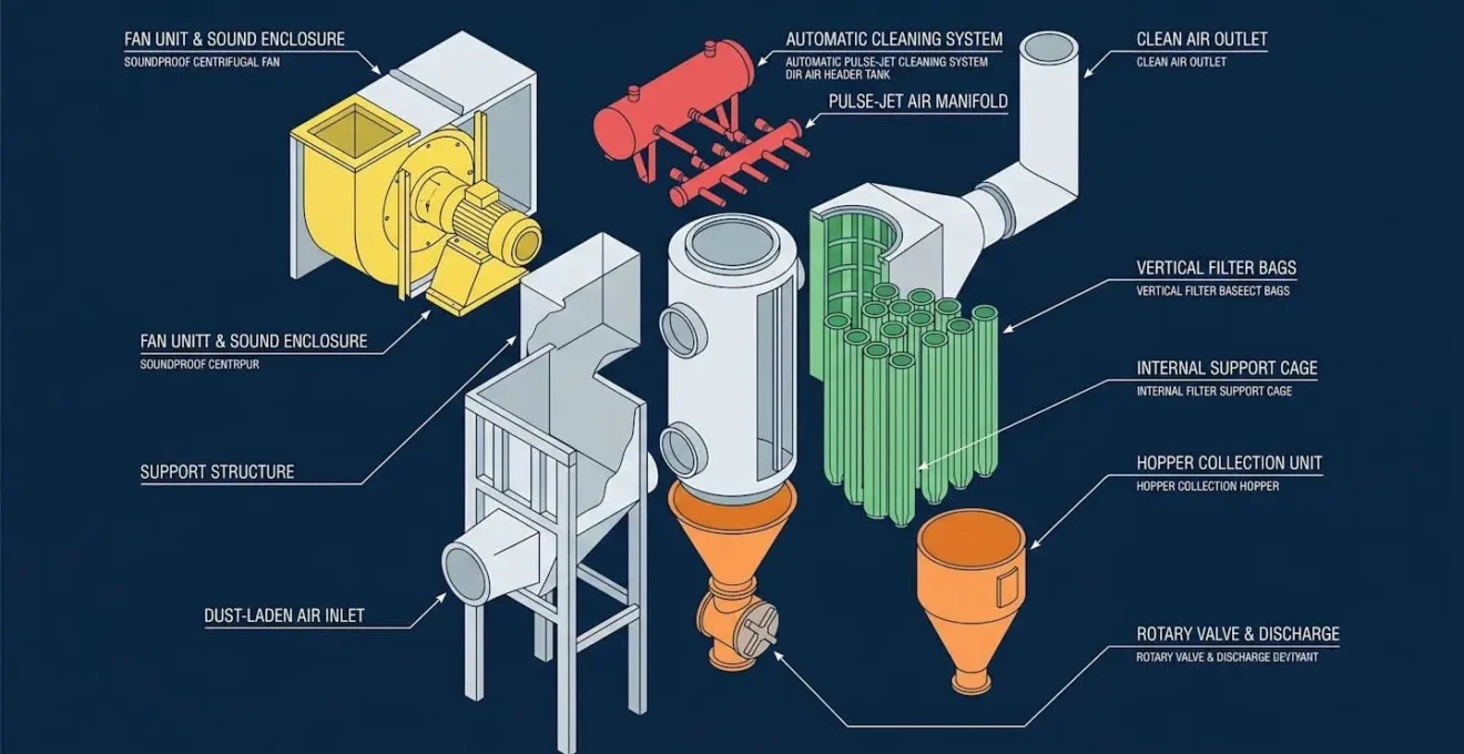 Vue éclatée d'un système de filtration Eurofilter NG avec ses composants principaux
