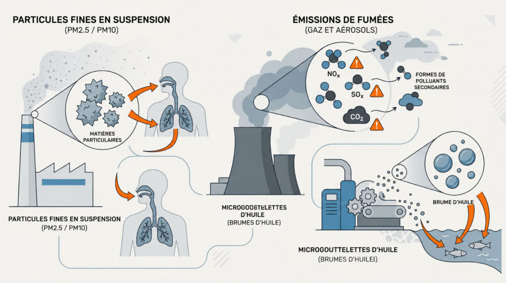 Différents types de polluants industriels : poussières métalliques, fumées de soudage, brouillards d'huile Différents types de polluants industriels : poussières métalliques, fumées de soudage, brouillards d'huile