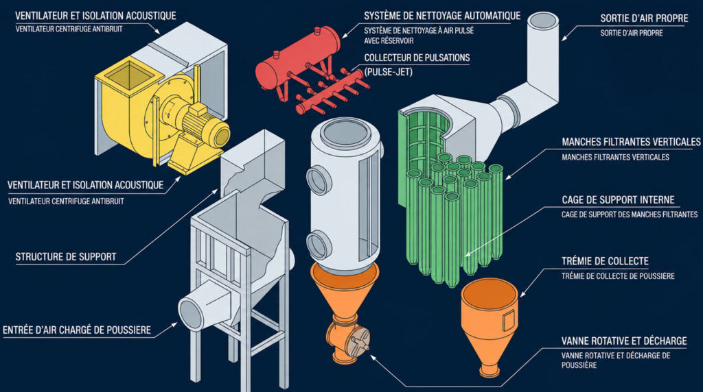 Vue éclatée d'un système de filtration Eurofilter NG avec ses composants principaux Vue éclatée d'un système de filtration Eurofilter NG avec ses composants principaux