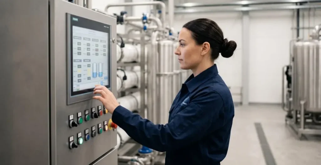 Opérateur vérifiant un panneau de contrôle d'un système de filtration industrielle Opérateur vérifiant un panneau de contrôle d'un système de filtration industrielle